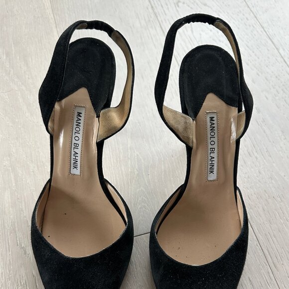 Manolo Blahnik Black Suede Slingback Heels Size 40 - Picture 2 of 5